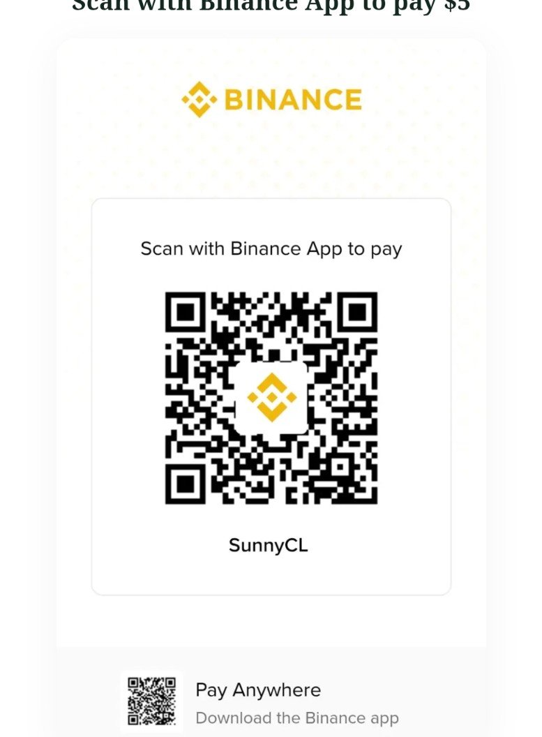 Binance Pay QR code to send $5 to SunnyCL — scan with the Binance app