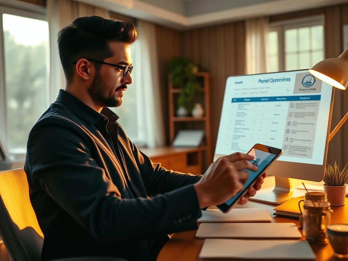 Focused entrepreneur following a clear passive income roadmap and checklist on a tablet in a bright organised workspace